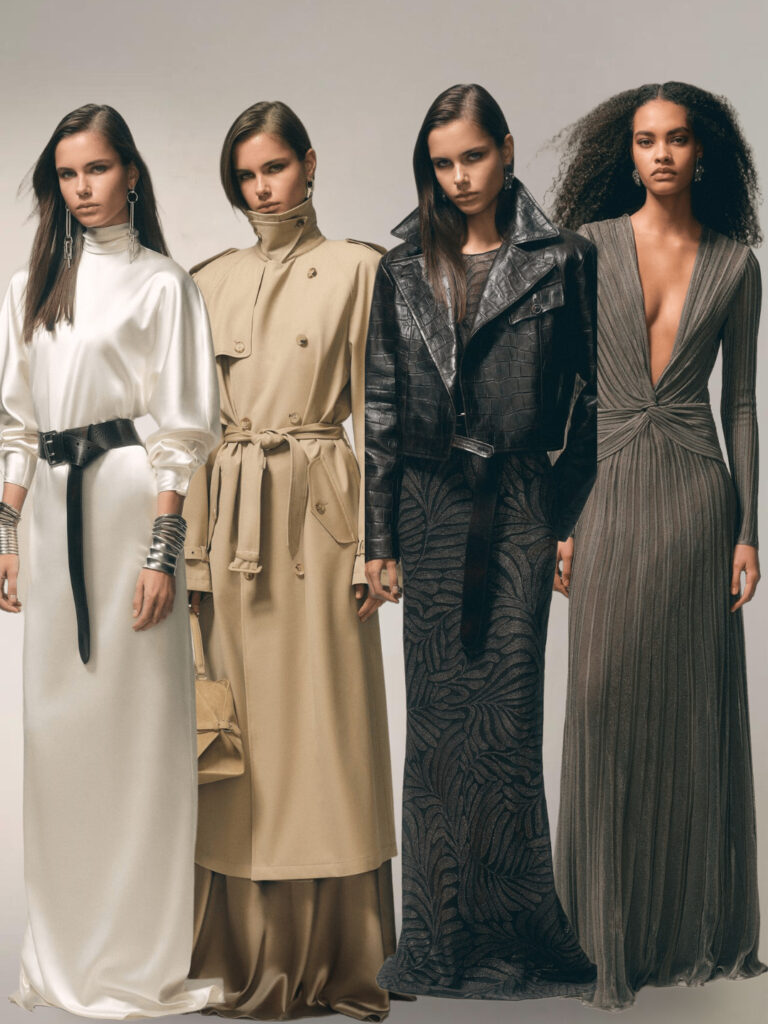 4 Models wearing Ralph Lauren outfits , long dresses and coats