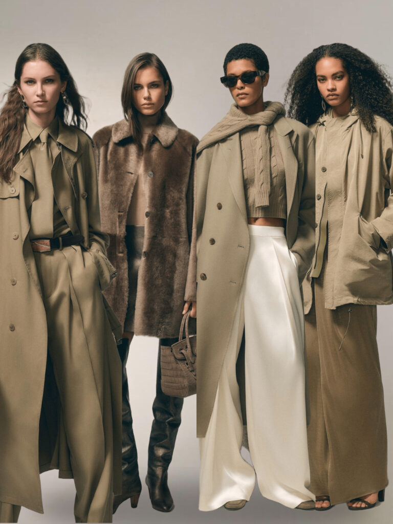 4 Models wearing Ralph Lauren outfits 2 with trench coats one with a short brown fur coat 