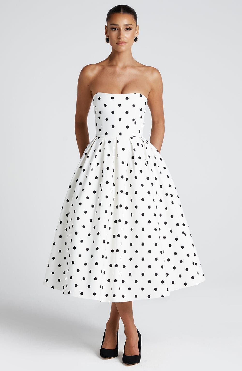White Polka Dots Tube Printed Midi Dresses