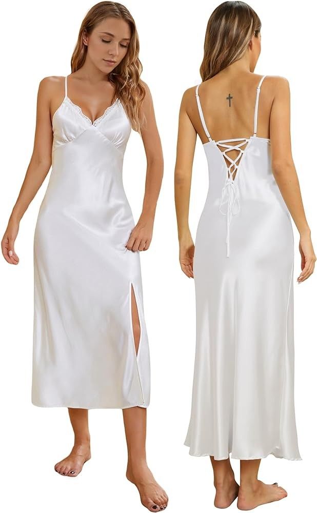 Woman front and back wearing white nightgown perfect nightgown