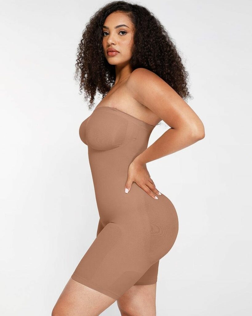 Model wearing biege shapewear body suit 