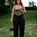 Model wearing floral print Corset top