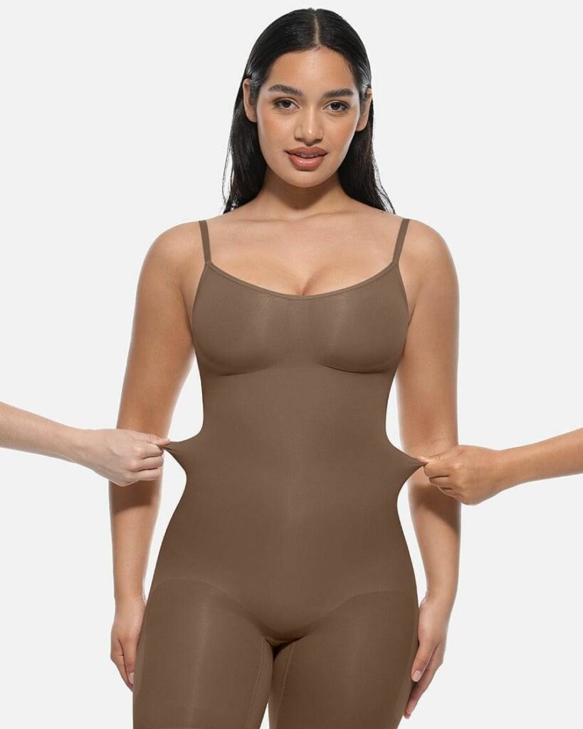 Model wearing brown one piece shapewear body suit 