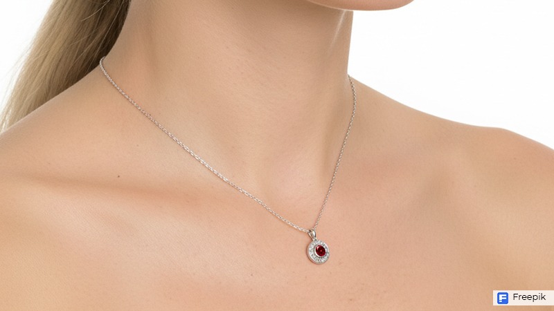 A woman wearing a ruby halo pendant, focus will be on her neck and pendant