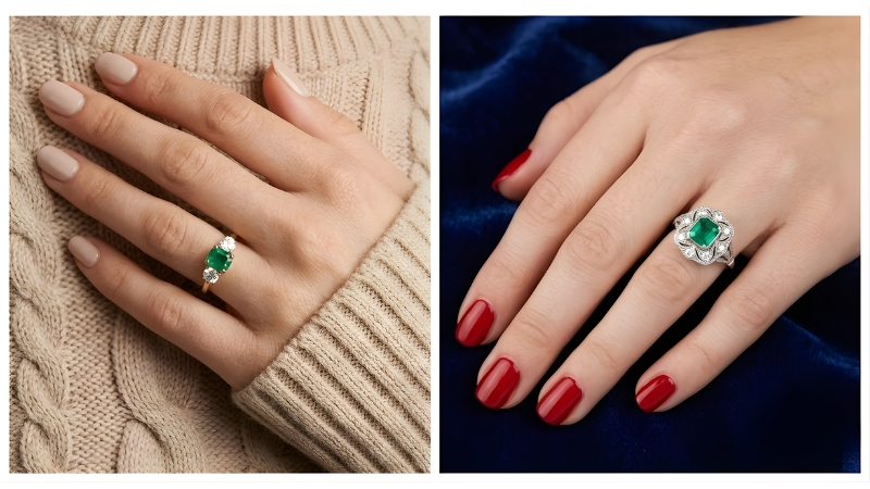 Two hands with green rings