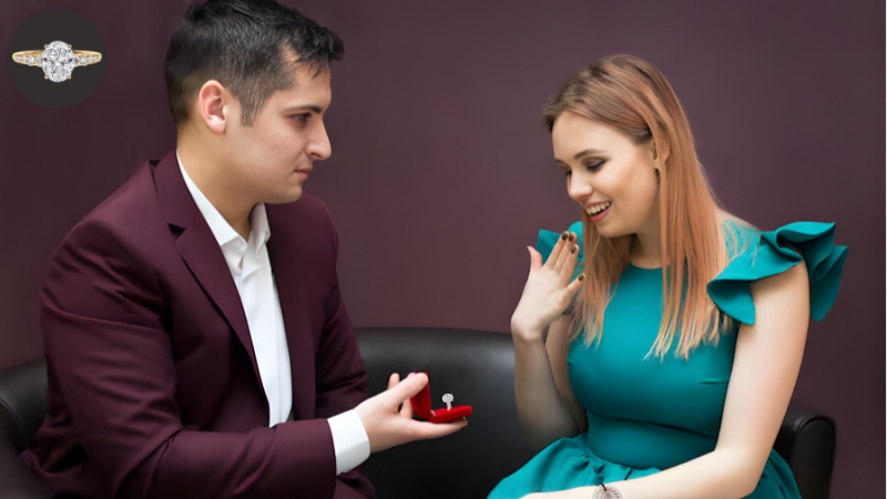 A man is proposing to a woman with a Lab Diamond Ring