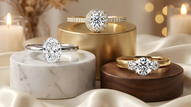 Oval cut diamond ring, hidden halo diamond ring, and three-stone diamond ring