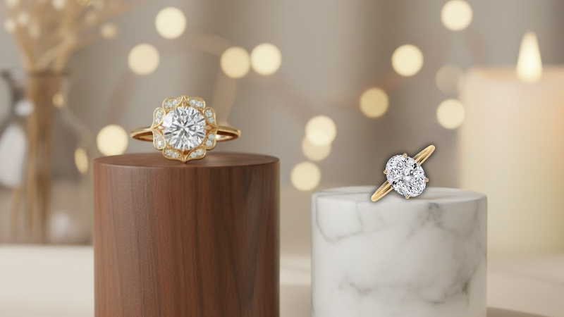 vintage-inspired lab diamond ring, East-West diamond ring, and solitaire diamond ring