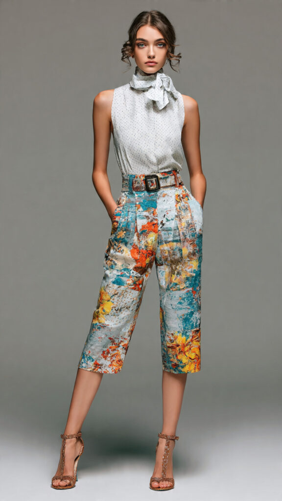 Model wearing floral Capri pants and sleeveless blouse 