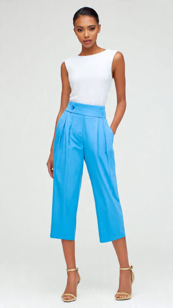 Model wearing blue Capri pants and white sleeveless blouse 
