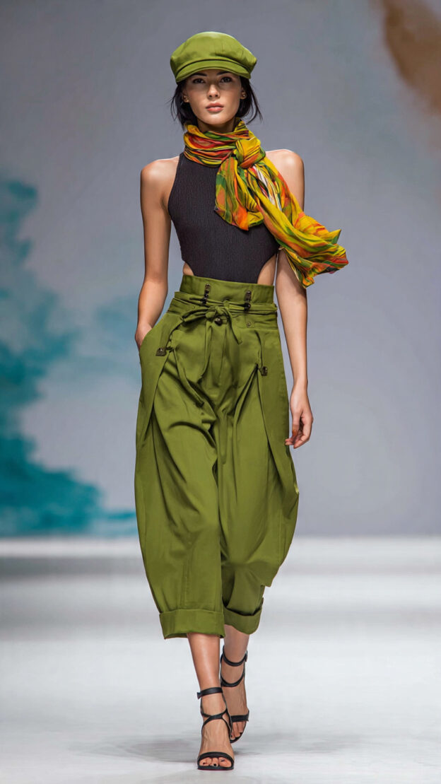 Model wearing wrap around green Capri pants