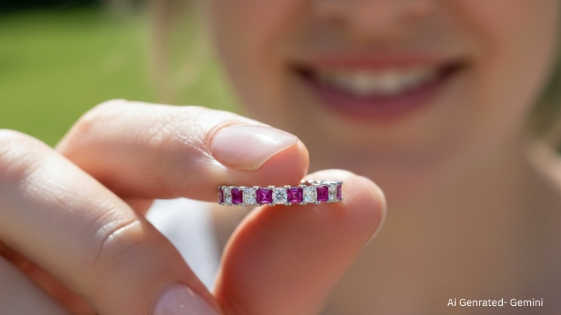 Model holding pink sapphire ring 