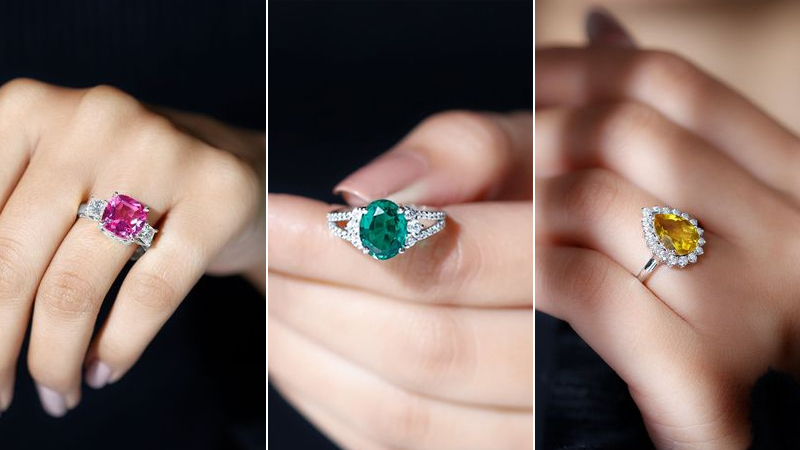 sapphire engagement rings pink, green, and yellow 