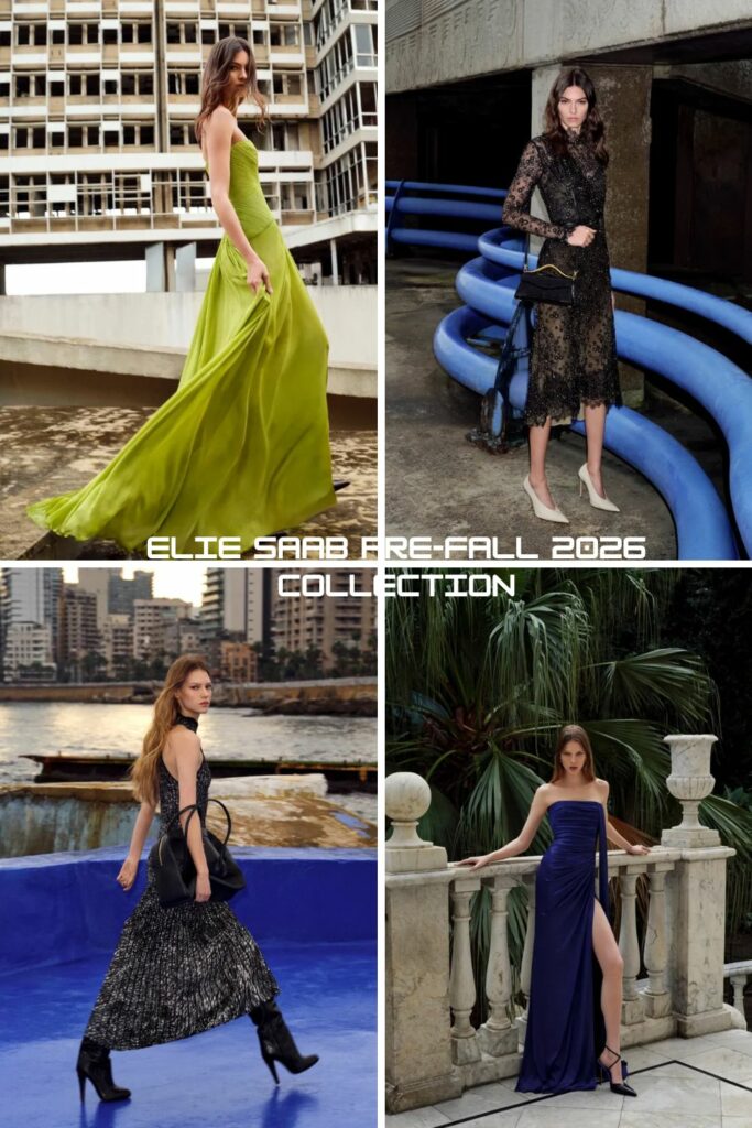 Elie Saab Pre-Fall 2026 collection 4 models in black lace dress, green dress, blue dress and black 