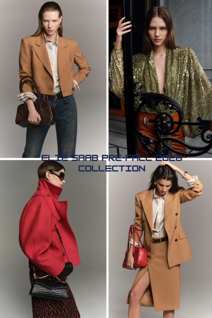 Elie Saab Pre-Fall 2026 collection 4 models two in biege blazers, one in red wool coat and green top 