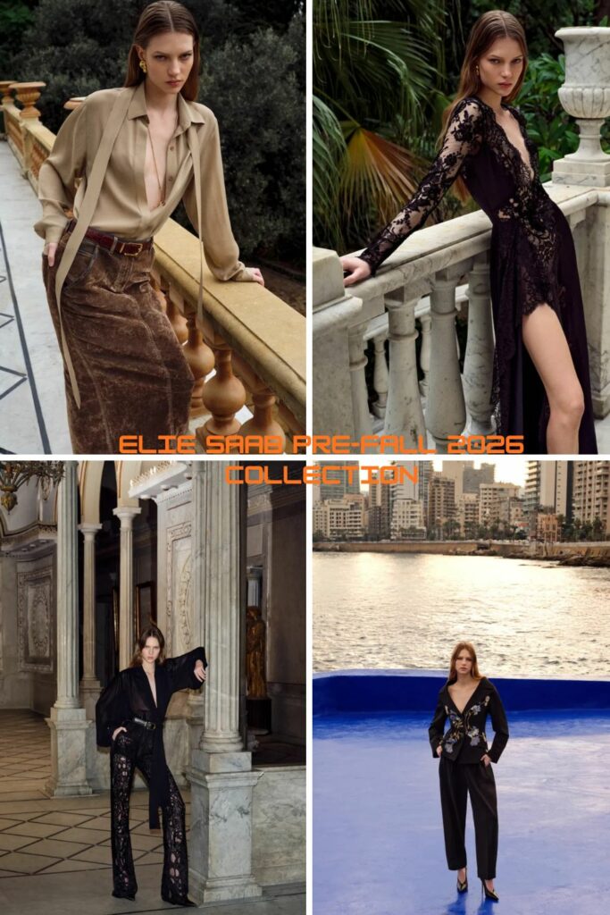 Elie Saab Pre-Fall 2026 collection 4 models in black and brown outfits 