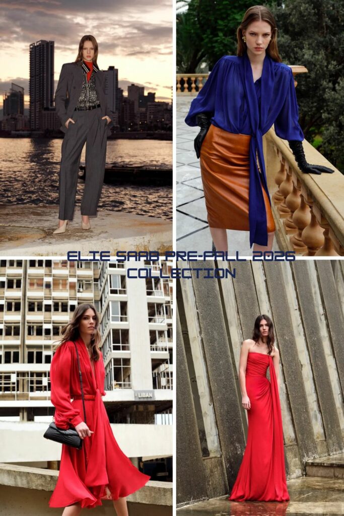 Elie Saab Pre-Fall 2026 collection 4 models two in red dresses one in gold skirt and one in slacks with blazer 