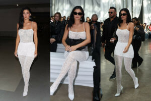 Kylie Jenner Stuns in a White Sheer Lace Dress and Tights at the Maison Margiela Spring/Summer 2026 Show