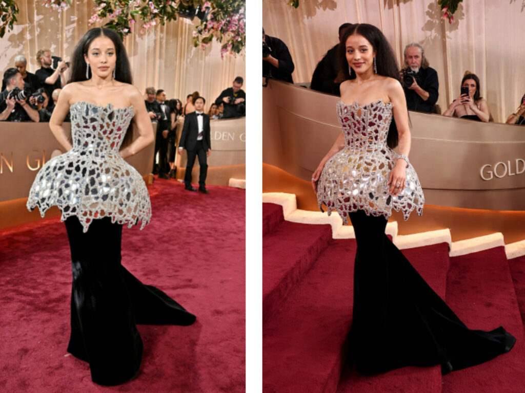 Chase Infiniti dazzles in a chic two-toned strapless Louis Vuitton ensemble designed by Nicolas Ghesquière at the 2026 Golden Globe Awards.