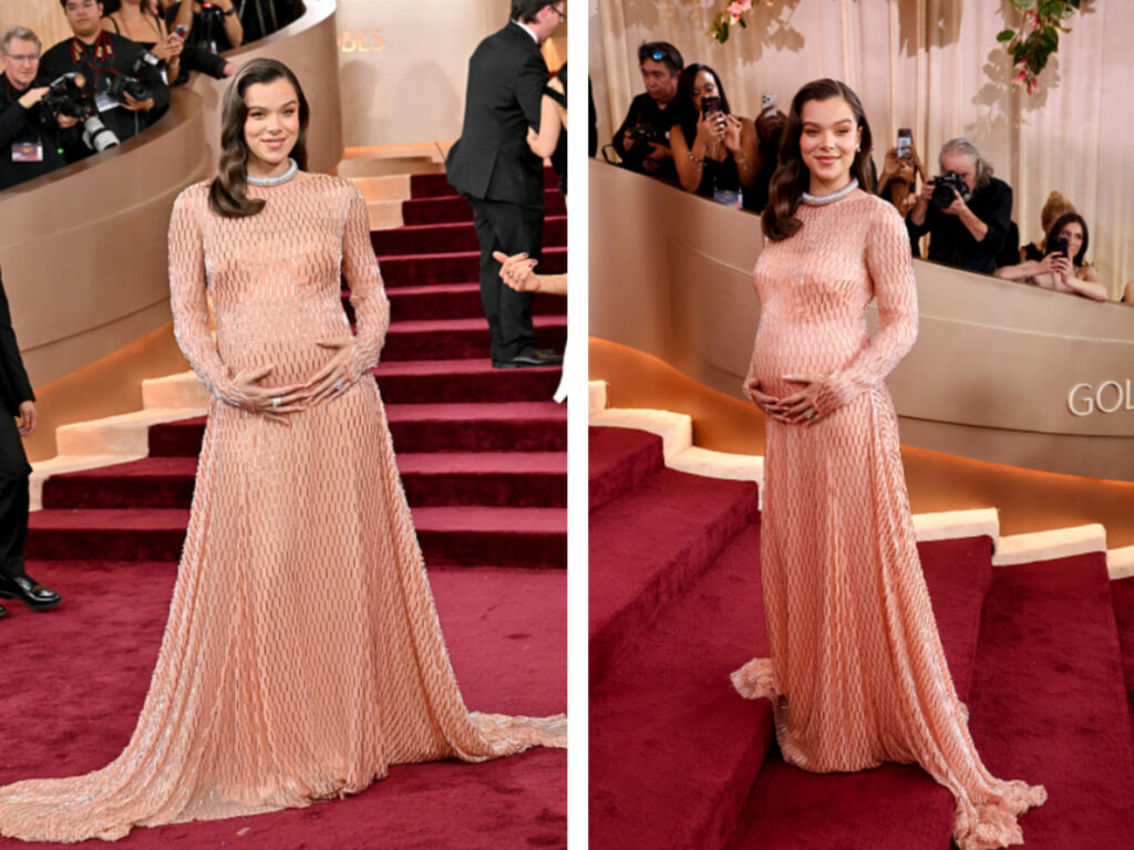 Hailee Steinfeld was spotted looking elegant at the 2026 Golden Globe Awards, wearing a custom-designed Prada soft pink long-sleeved gown.