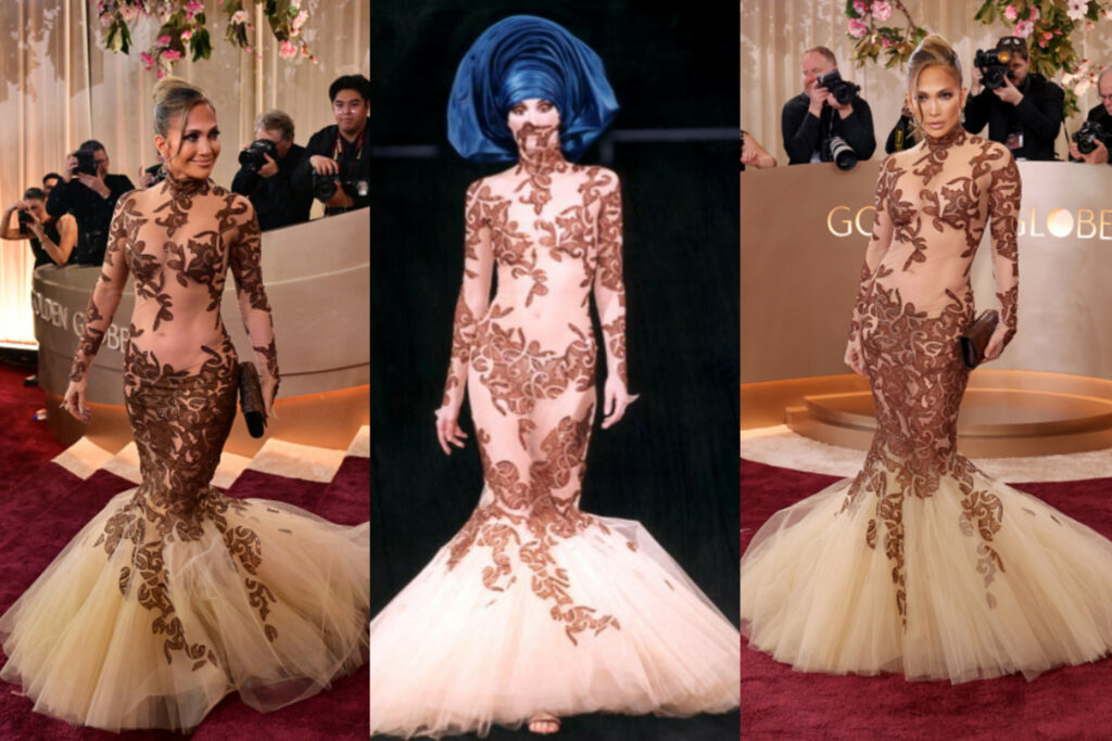 Jennifer Lopez shines in a vintage Jean-Louis Scherrer embroidered lace gown with a voluminous silk tulle mermaid skirt at the 2026 Golden Globe Awards.