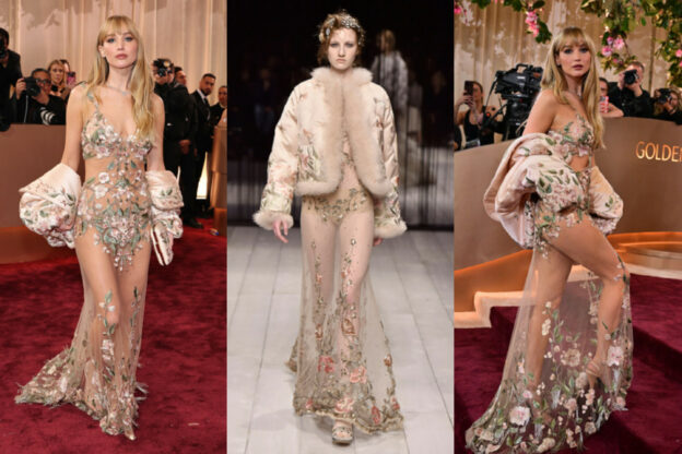 Jennifer Lawrence dazzled in a custom Givenchy pink satin bomber jacket, accented with multicolored floral embellishments, at the 2026 Golden Globe Awards