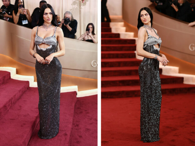 Amelia Gray arrived in a Swarovski custom Haute Couture piece designed by creative director Giovanna Battaglia Engelbert at the 2026 Golden Globes Awards.