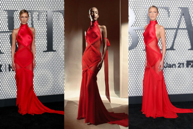 Bella Hadid stunned fans at the New York premiere in a scarlet red turtleneck bias-cut gown from Schiaparelli Haute Couture Fall/Winter 2025/2026 collection.