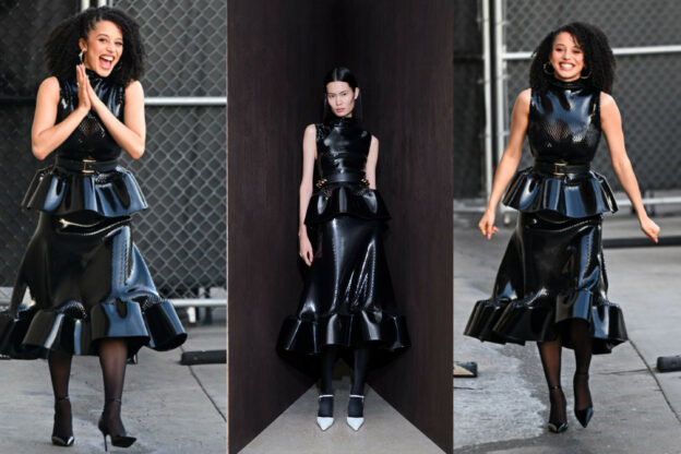 American actress Chase Infiniti was seen arriving for a “Jimmy Kimmel Live!” interview in an Alaïa Monochromatic Ensemble.