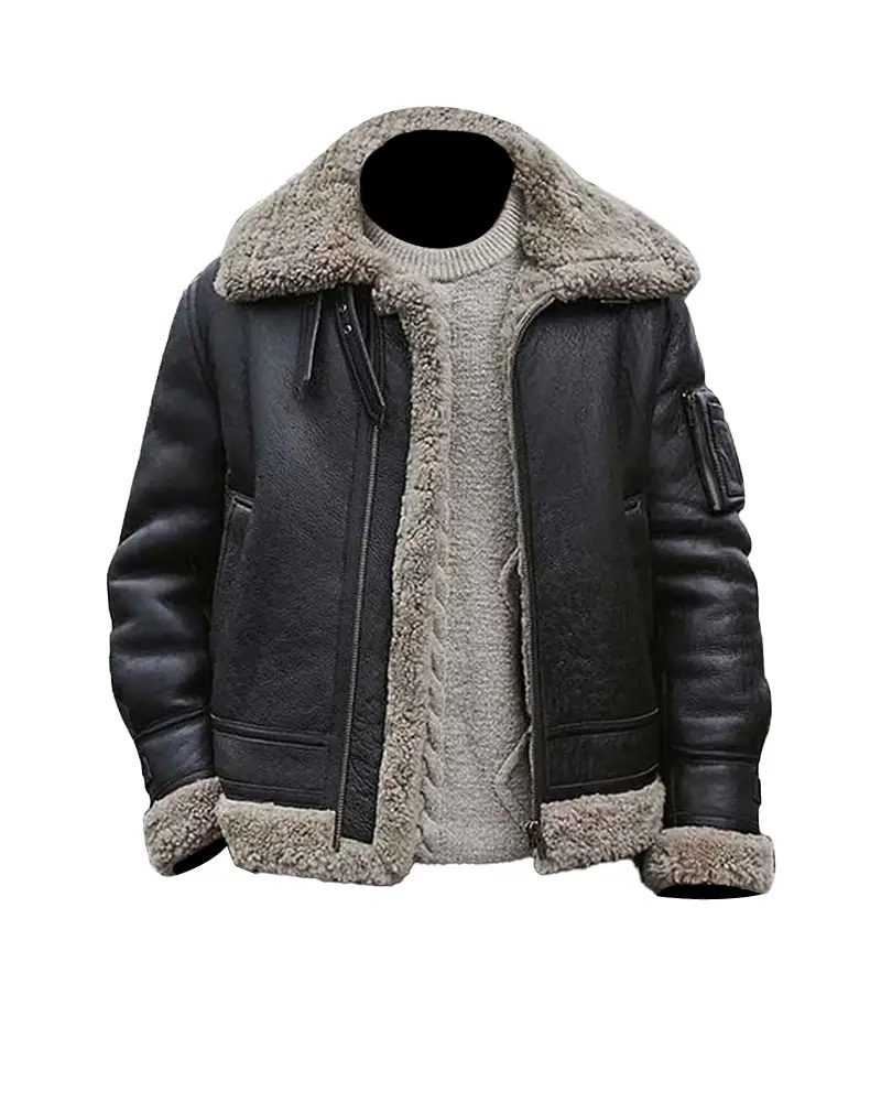 Mens Black Sheepskin Shearling Leather Fur Jacket