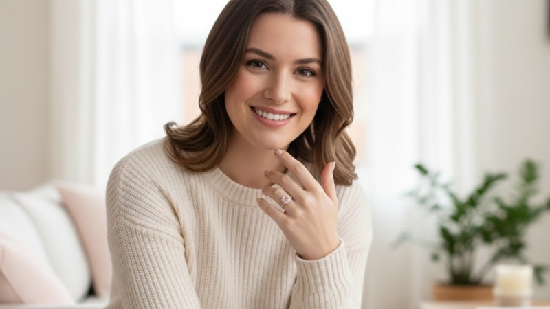a woman wearing a Morganite stone ring