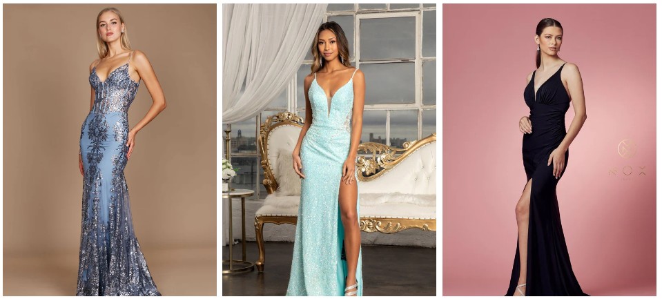  models wearing 3 versions of perfect prom dress blue sequin, light blue with front slit and black with front slit 