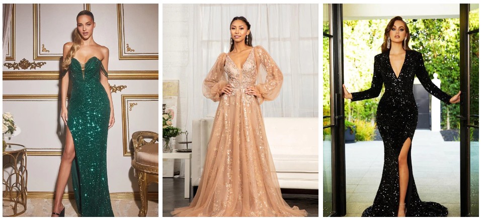  models wearing 3 versions of perfect prom dress green, pink and black 