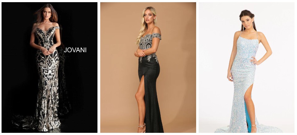  models wearing 3 versions of perfect prom dress light blue, black with an open front and full length black with silver trim 