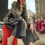 Model wearing biege sandals