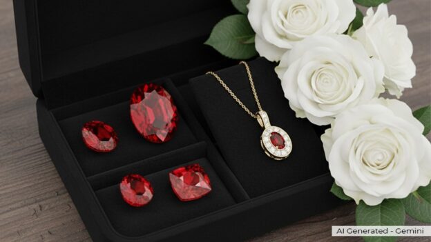Some loose rubies and a ruby pendant in a black box. Add white roses at the side