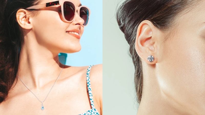 woman wearing her brithystone earrings to display astrological sign