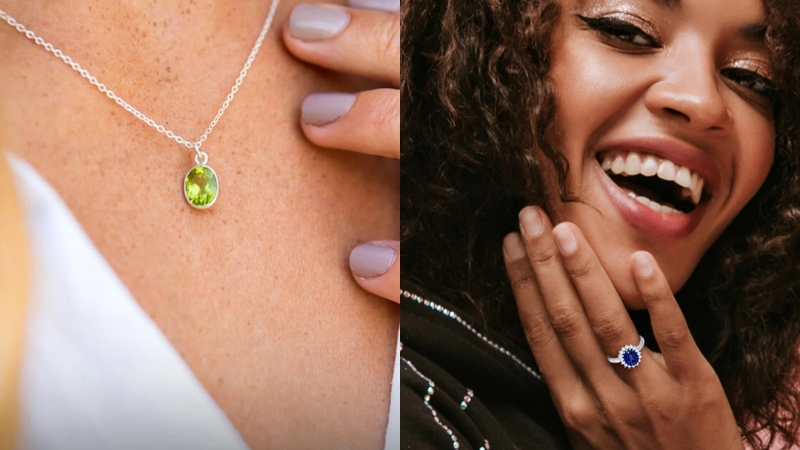 Models wearing blue and green birthstones 