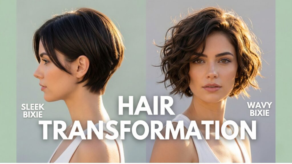 Brunette model with a bixie haircut