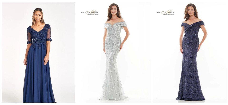 3 models wearing wedding guest dresses Blue short sleeve V neck, white and blue capped sleeve 