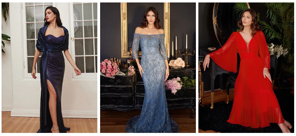 3 models wearing wedding guest dresses dark blue with a slit skirt and wrap, light blue lace and red 