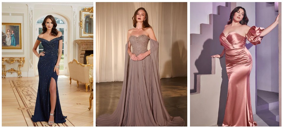 3 models wearing wedding guest dresses dark blue with a slit skirt, Biege and pink satin