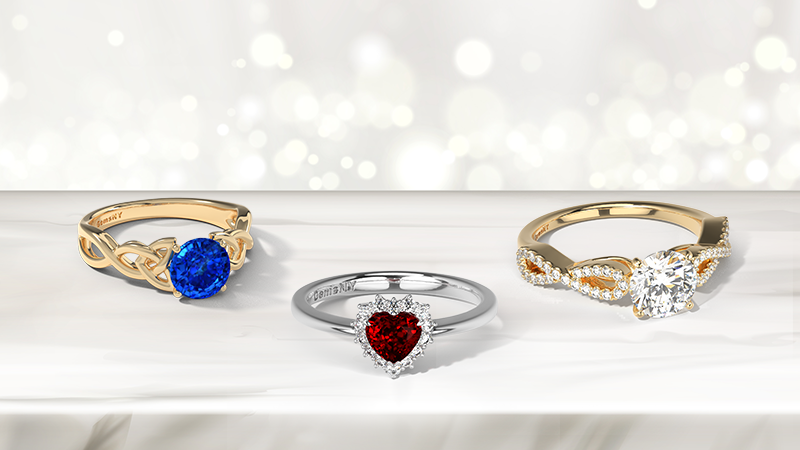 a collage showing multiple styles of custom engagement rings with engravings and in different styles