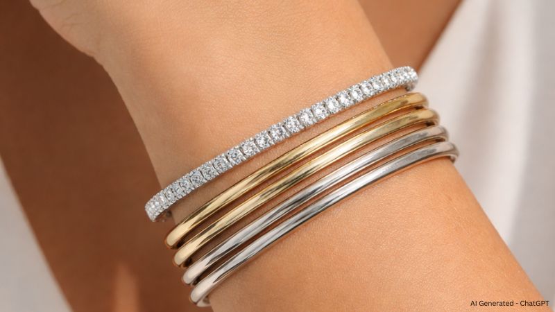 a woman wearing a diamond bracelet with metal bangles
