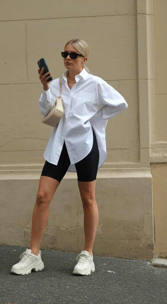 Blond model wearing oversized boyfriend dress shirt with bike shorts