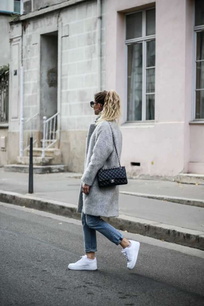 mid length fray wool jacket with faded denim jeans