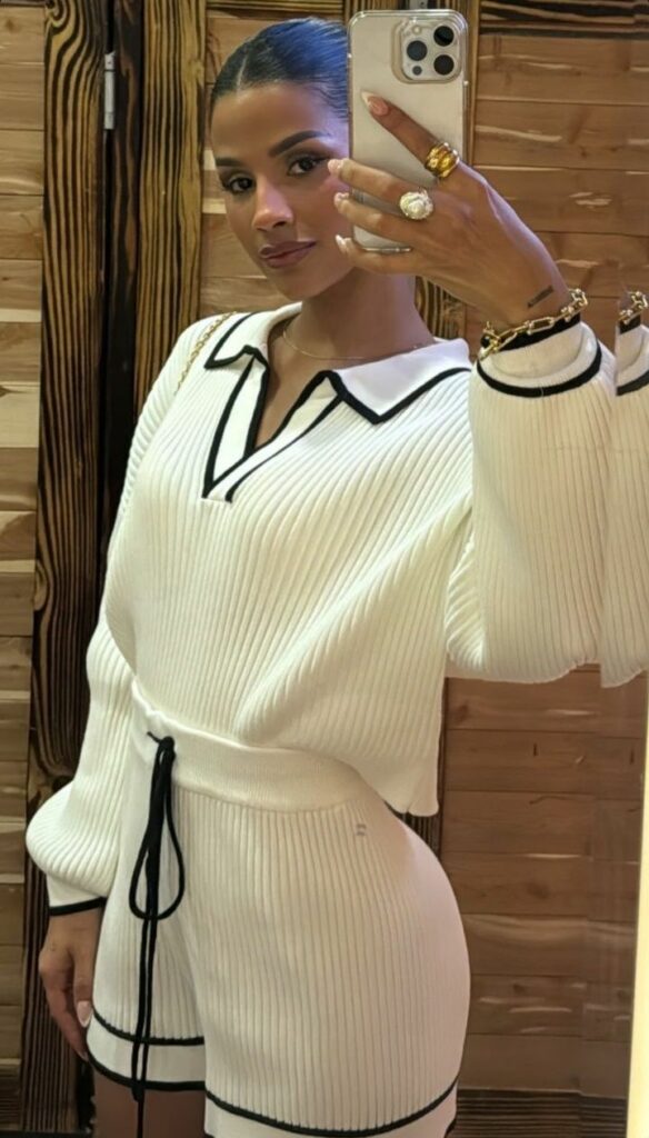 comfortable white knit v neck top with matching shorts