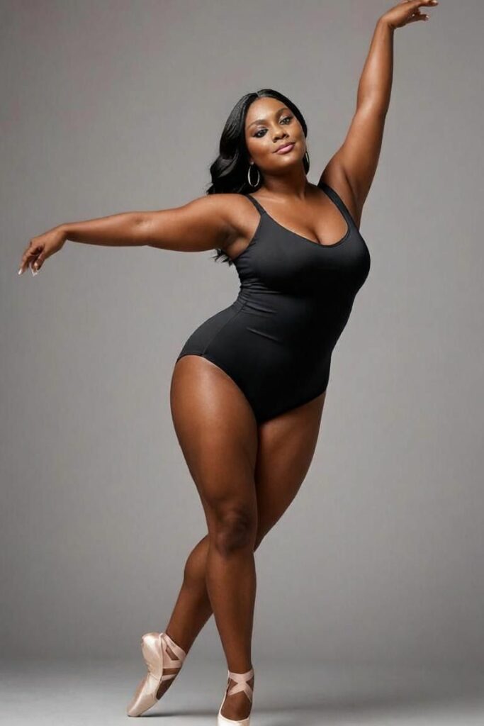 Plus sized woman in black body suit 