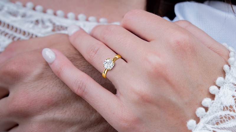 hand with solitaire diaomnd ring on top of mans hand