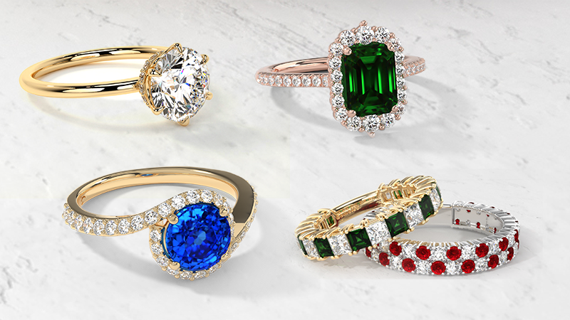 5 Wedding rings for women diamond, emerald, saphire and two bands